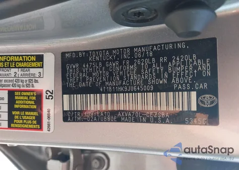 2018 Toyota Camry Se from USA, damaged, VIN 4T1B11HK9JU645009